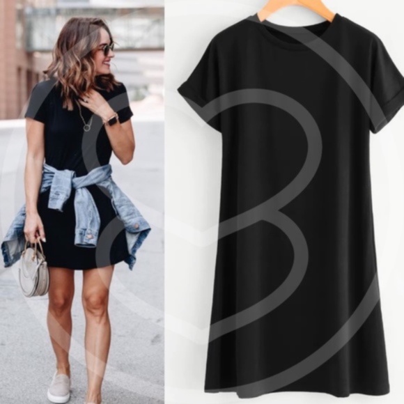 Black short sleeve dress rolled cuff tee dress - Picture 5 of 6